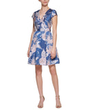 Vince Camuto Womens Petite Jacquard Fit & Flare Dress Blue Floral 4P