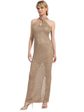GUESS Sleeveless Keyhole Sequin Crochet Bodycon Dress Wet Sand Brown XL