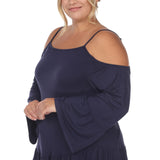 White Mark Womens Plus Size Cold Shoulder Ruffle Sleeve Top PS1352 Navy Blue 1X