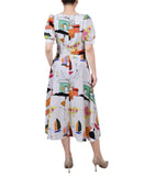 Ny Collection Short Sleeve Midi Length Jacquard Dress Country Painting White S