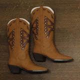 Madden Girl Shaft Faux Leather Stud Pointed Toe Western Boots Natural Brown 8M