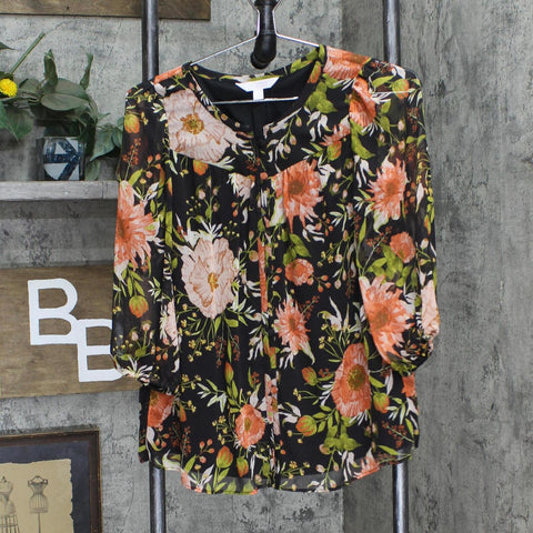 LC Lauren Conrad Womens Lined Woven Button Up Shirt Top Black Floral S