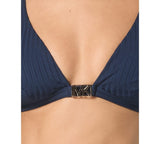 Michael Michael Kors Ribbed V-Neck Bikini Top with Logo Hardware Midnight Blue M