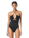Michael Michael Kors Solid Lace-Up Keyhole Halter One-Piece Swimsuit Black 8