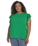 Karl Lagerfeld Ruffled Cap Sleeve Knit Top LP5T7888 Flore green 0X