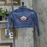 Disney Girls Embroidered Button Up Cropped Jean Jacket Blue Multi Tween Fit 8
