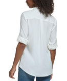 Karl Lagerfeld Womens Eiffel Tower Roll-Tab Button Up Shirt Soft White M
