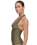 DKNY Womens Halter V-Neck Shirred Tankini Top DIMKS215 Moss Green M
