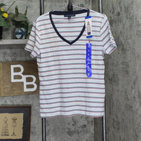 Tommy Hilfiger Women's Short Sleeve V-Neck T-Shirt 1386924 Gray Stripe Multi L