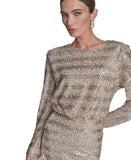 BCBG Womens Sequin Detail Striped Boat Neck Dress BD5E5180 Champaign Brown 10