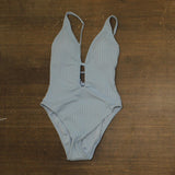 Sanctuary Refresh Rib Plunging Lace Back Mio One-Piece Swimsuit Blue Chateau M