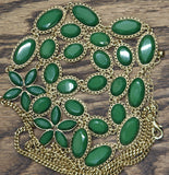 Triple Layered Flower Gemstone Bib Multi Strand Necklace Gold / Green 20" + 3"