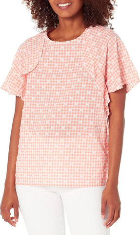 Foxcroft Angela Raglan Sleeve Gingham Clip Dot Blouse Peach Sorbet Orange 16W