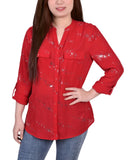Ny Collection Roll Tab Sleeve Button Down Metallic Foil Blouse Top Glowdot Red L
