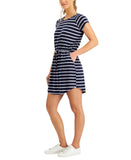 Jamie & Layla Striped Drawstring Short Sleeve Pocket Dress BCQD895 Navy Blue PM