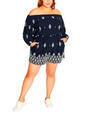 City Chic Off-Shoulder Puff Sleeve Embroidered Romper Navy Blue / White 16W