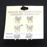 Ribbon Bow Rhinestone Drop Cascade Earrings Silver Gray 2"