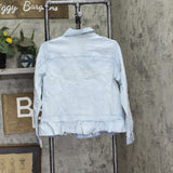 DG2 by Diane Gilman Womens Ruffle Hem Button Up Jean Trucker Jacket Light Blue M