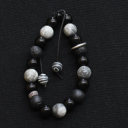 Spiritual Onyx Jasper Gem Beaded Crystal Elastic Bracelet Black / Silver Gray