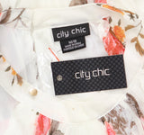 City Chic Hi-Low Sleeveless Pleated Tunic Top Ivory Floral Crush White 18W