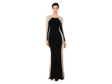 Xscape Women's Caviar Bead Sleeves Long Sleeve Gown Dress 409X Black / Nude 10