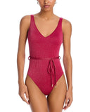 Aqua Womens Belted Lurex Plunge One Piece Swimsuit AQSL25834 Burgundy Red S