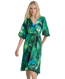 DKNY Womens Printed Sash Tie V Neck Tulip Hem Midi Dress Black / Green 6