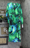 DKNY Womens Printed Sash Tie V Neck Tulip Hem Midi Dress Black / Green 6
