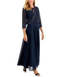 J Kara Beaded Sequin Sheer Bodice V-Neck Evening Gown Dress 5587N Navy Blue 8