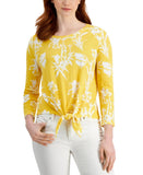 Charter Club Knit Long Sleeve Floral-Print Tie-Hem Shirt Top Primrose Yellow XL