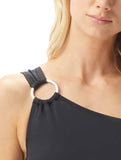 Michael Kors Womens Iconic Solids Ring One Shoulder One-Piece Swimsuit Black 12