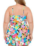 Swim Solutions Bow-Front Swimdress One Piece Swimsuit Floral Frenzy Blue 24W