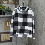Marissa Olivia Womens Check Fuzzy 1/4 Zip Pullover Sweater Black / White Plaid L