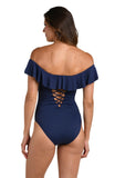 La Blanca Island Goddess Off Shoulder Ruffle One Piece Swimsuit Indigo Blue 4