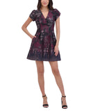 Vince Camuto Womens Jacquard Fit & Flare Puff-Sleeve Dress Wine Red Multi 16