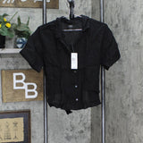 Three Dots Womens Linen Short Sleeve Button Up Shirt with Split Back Black M