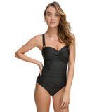 DKNY Womens Twist-Front One-Piece Swimsuit DIMMS565 Black 2XL