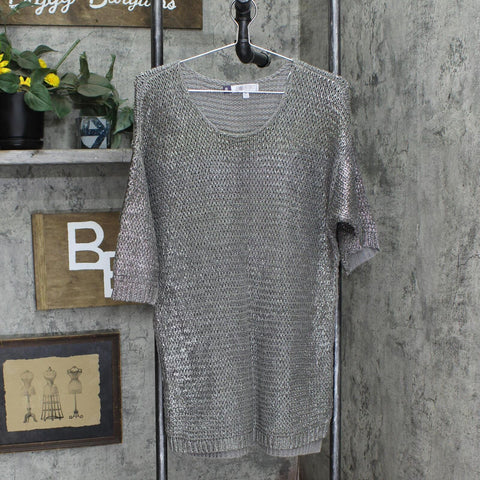 Jennifer Lopez Womens Open Knit Shiny Sweater Gray / Pink Shimmer M