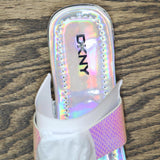 DKNY Women's Flat Slip On Sandal K4169795 Silver Iridescent Halcott 10M