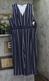 Black Tape Surplice-Neck Striped Wide-Leg Jumpsuit Navy Blue / White stripe 2X