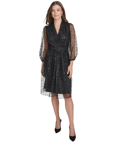 Halston Womens Sequined Black Fit & Flare Dress HD4I3A64 Black 12