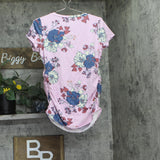 Motherhood Maternity V-Neck Side Ruched Maternity Tee Pink Print Stripe M