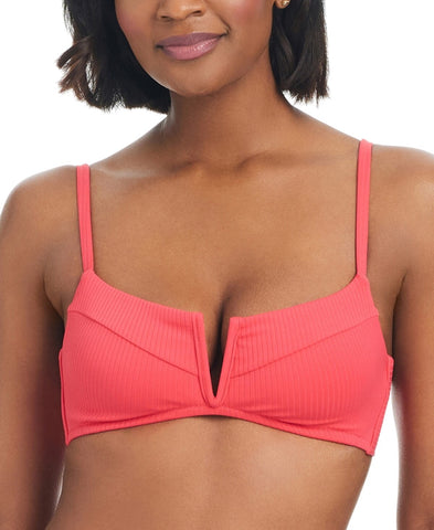 Bar III Womens V-Wire Plunge-Neck Bralette Bikini Swim Top Bright Rose Pink XL