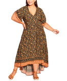 Avenue Plus Floral Print V Neck Flutter Sleeve Border Dress Dark Orange 22W/24W