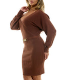 Rosie Harlow Surplice Neck Dolman Sleeve Ribbed Sweater Dress Capuccino Brown S