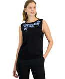 Kasper Womens Sleeveless Knit Embroidered Top 10924833 Black Multi L
