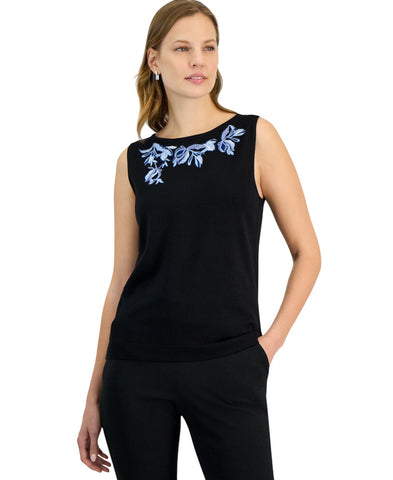 Kasper Womens Sleeveless Knit Embroidered Top 10924833 Black Multi L