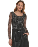 DKNY Womens Scoop-Neck Printed Mesh Long-Sleeve Bodysuit P2JH1OQK Black Multi XL