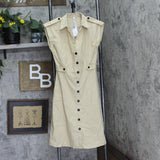 Ny Collection Petite Sleeveless Button Front Linen Dress Plaza Taupe Brown PS