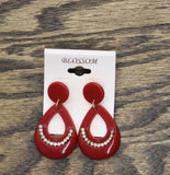 Blossom Boho Hollow Teardrop Hoop Dangle Post Earrings Red 2.25"